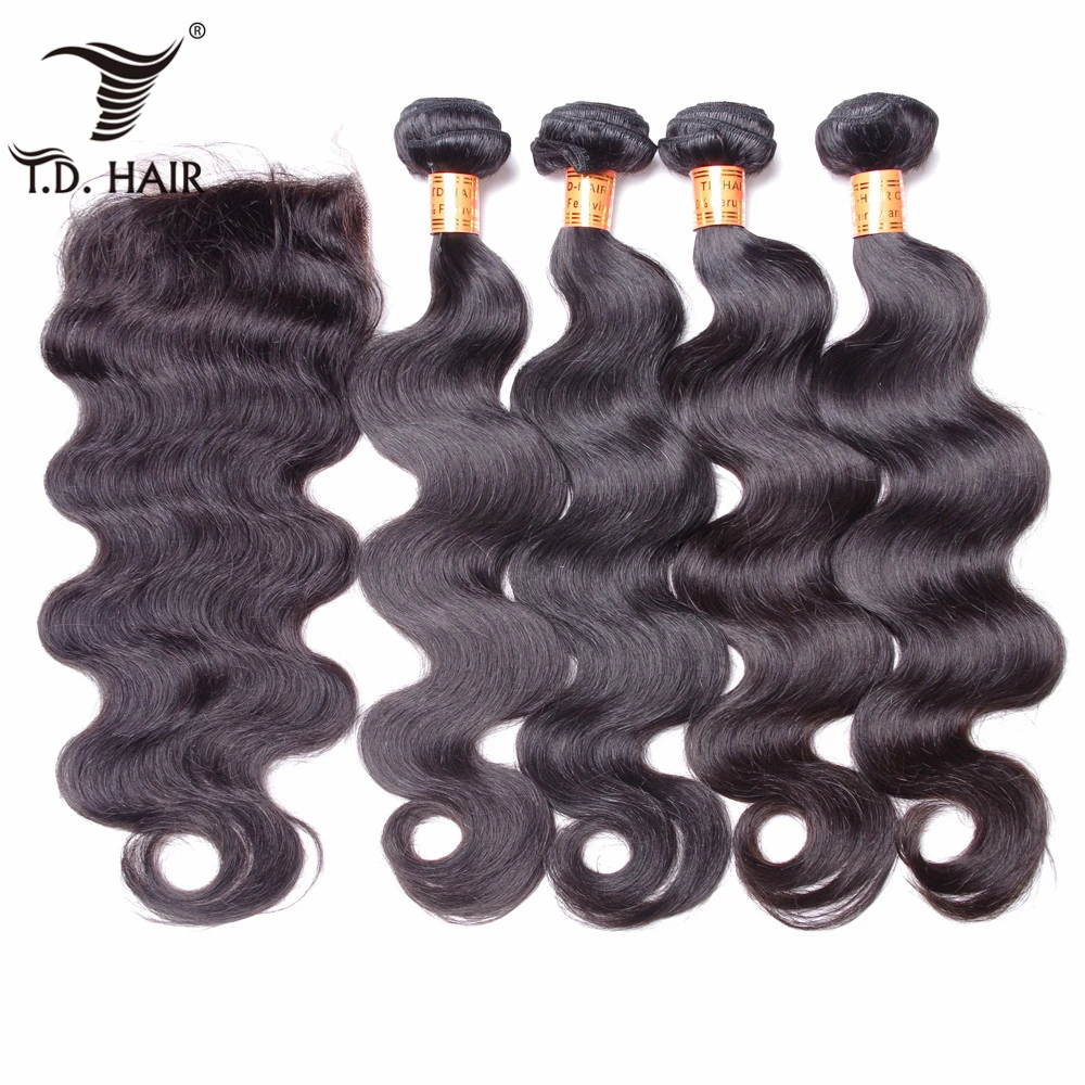 Tdhair объемные волнистые пучки с бразильские волосы закрытием плетение 4*4 закрытие