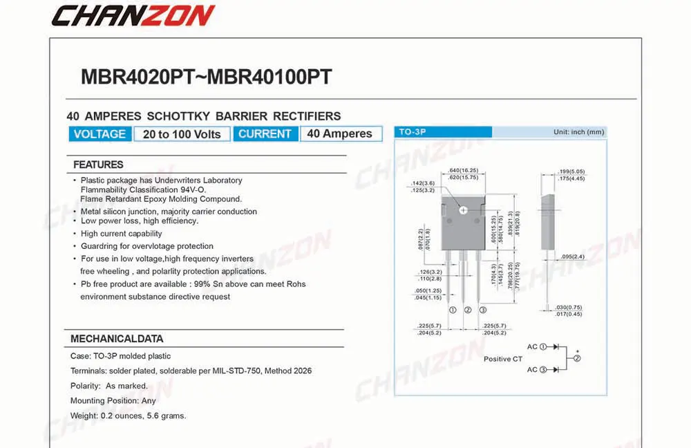 5 шт.) MBR40100PT Шоттки барьер выпрямитель диоды 40A 100 в TO-3P(TO-247AD) 40 ампер 100 Вольт MBR40100 PT