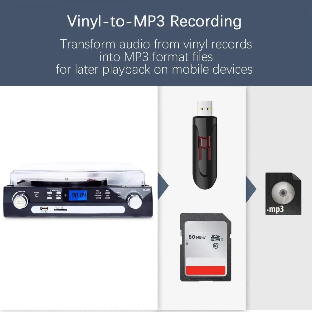 Проигрыватель динамики Bluetooth стерео LP винил чтобы MP3 конвертер кассета радио aux in