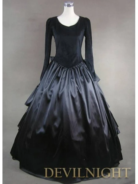 

Vintage Black Velvet and Satin Simple Gothic Ball Gowns