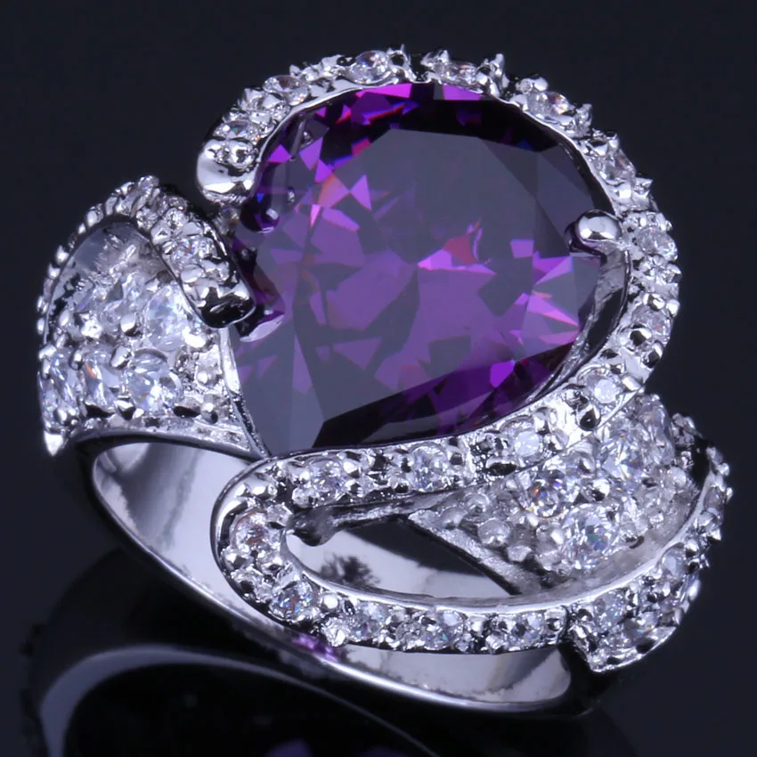 

Awesome Big Water Drop Purple Cubic Zirconia White CZ Silver Plated Ring V0568