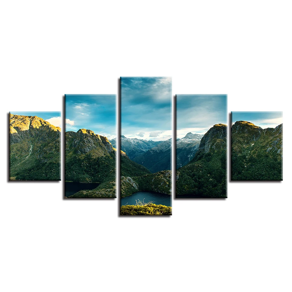 Wall Decor HD Printing Framework Modular Canvas Pictures Art 5 Pieces Green Mountain Lakes Beautiful Landscape Posters Paintings | Дом и сад