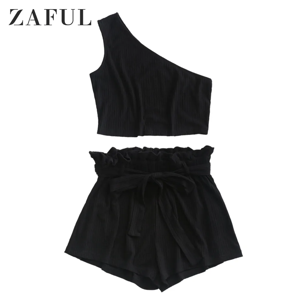 Женский костюм двойка ZAFUL ребристые шорты с поясом и оборками на одно плечо