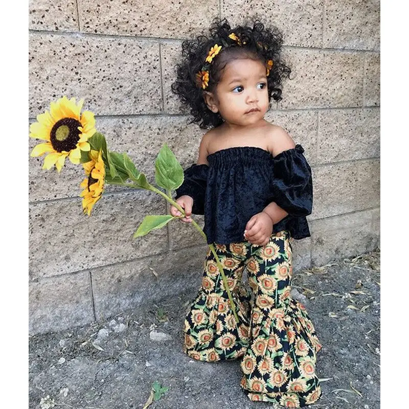 

2PCS Children Girls Clothing Set Off Shoulder Tank Tops+Sunflower Bell Bottom Trouser 2018 New Summer kids girls Outfits