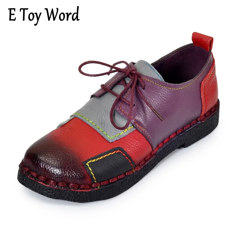 Women's Handmade Shoes Genuine Leather Flat Lacing Mother Woman Loafers Soft Single Casual Women Flats | Обувь