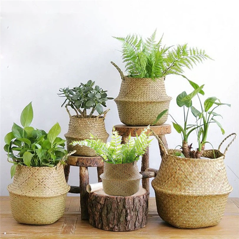 Handmade Bamboo Storage Baskets Foldable Laundry Straw Patchwork Wicker Rattan Seagrass Belly Garden Flower Pot Planter Basket25 | Дом и сад