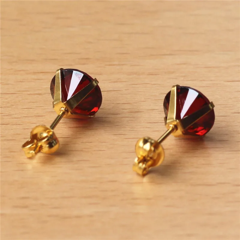 316 L Stainless Steel Gold-color Vacuum Plating With 8mm Round AAA Pomegranate Red Zircon Stud Earrings 201903011428