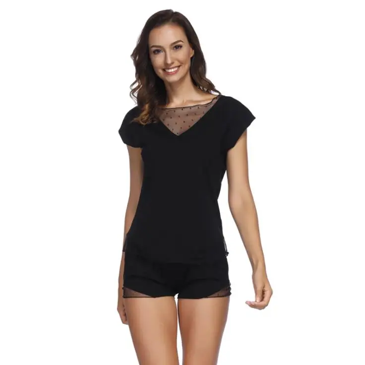 Летние Модальные пижамные комплекты для женщин костюмы с кружевной горловиной