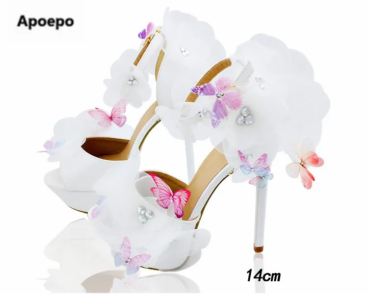 

Newest luxury brand clogs shoes pumps lace white bride wedding shoes Diamond flower butterfly design pumps 14cm high heels women
