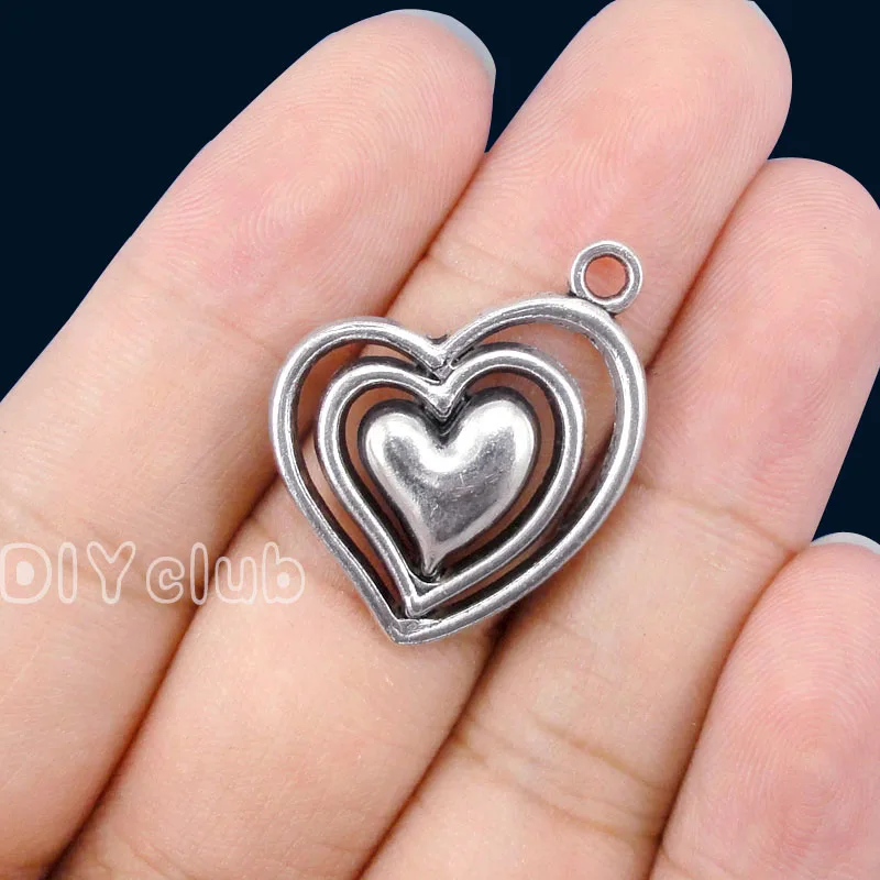 25pcs антикварная серебряная подвеска в форме сердца изготовление ювелирных