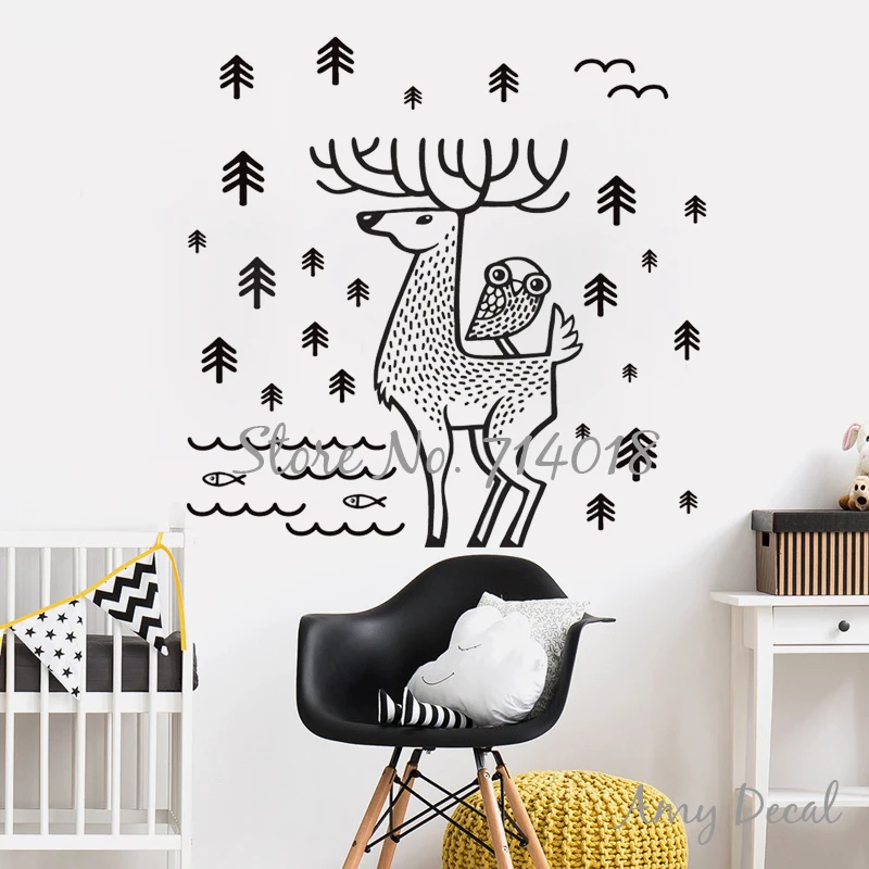 Лесная Настенная Наклейка в скандинавском стиле Лесной олень и фотообои