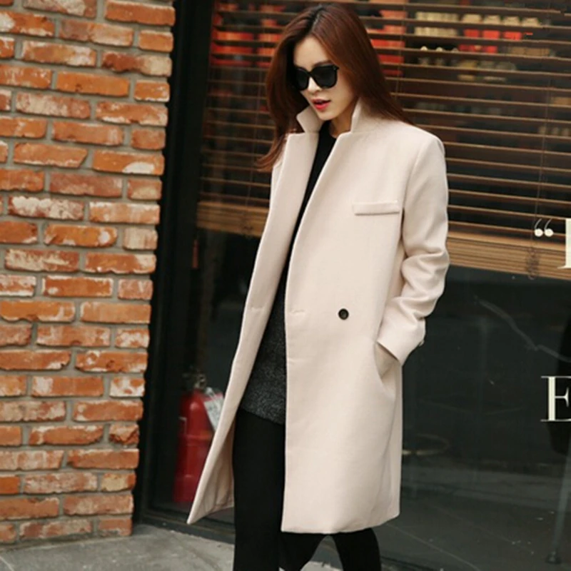 2015 Fashion Elegant Women Long Coat Winter Single Button Slim Wool Cashmere Overcoat Beige Pink Black Ladies Coats Korean | Женская