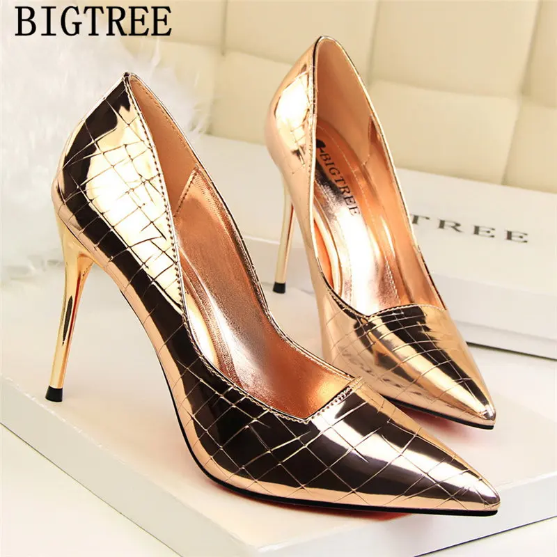 New Arrival 2021 Gold Shoes Patent Leather Silver Heels Bigtree Stiletto Office Women Fetish High Ayakkabi | Обувь