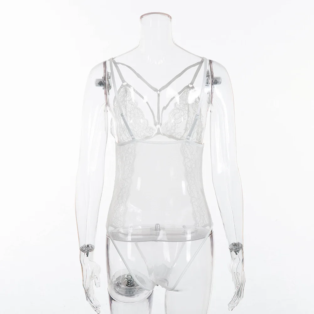 Sexy Lace Bodysuit Bandage Deep V Strap Perspective Rompers Women Jumpsuit Playsuit Combinaison Femme Jumpsuits