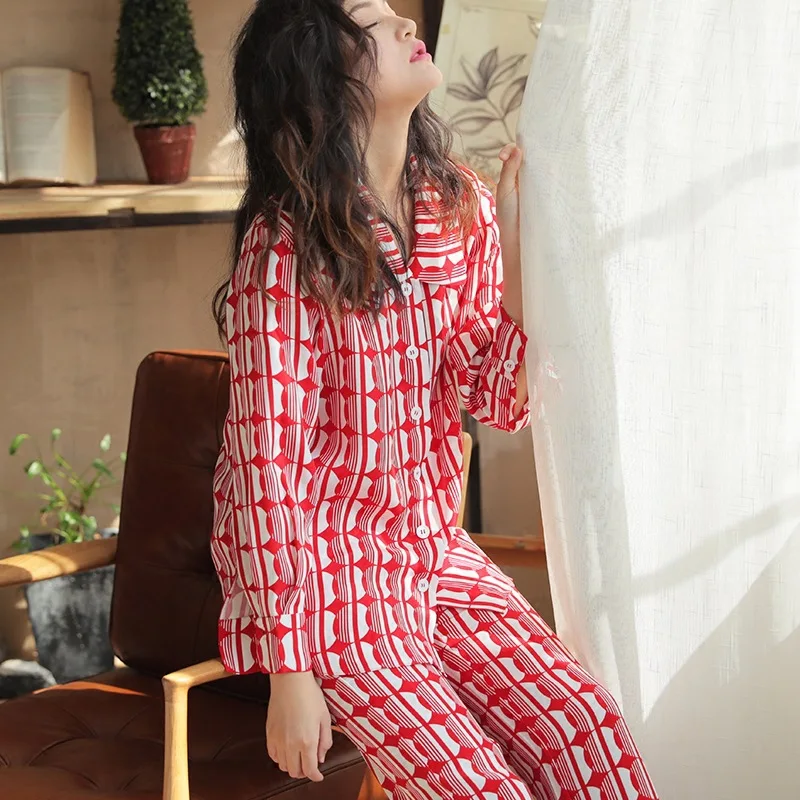 

Summer Girl Silk Pajama Pj Set Korean Long Sleeve Simple Shirt Pyjamas Women Leisure Geometric Pijama Mujer Plus Size Sleepwear