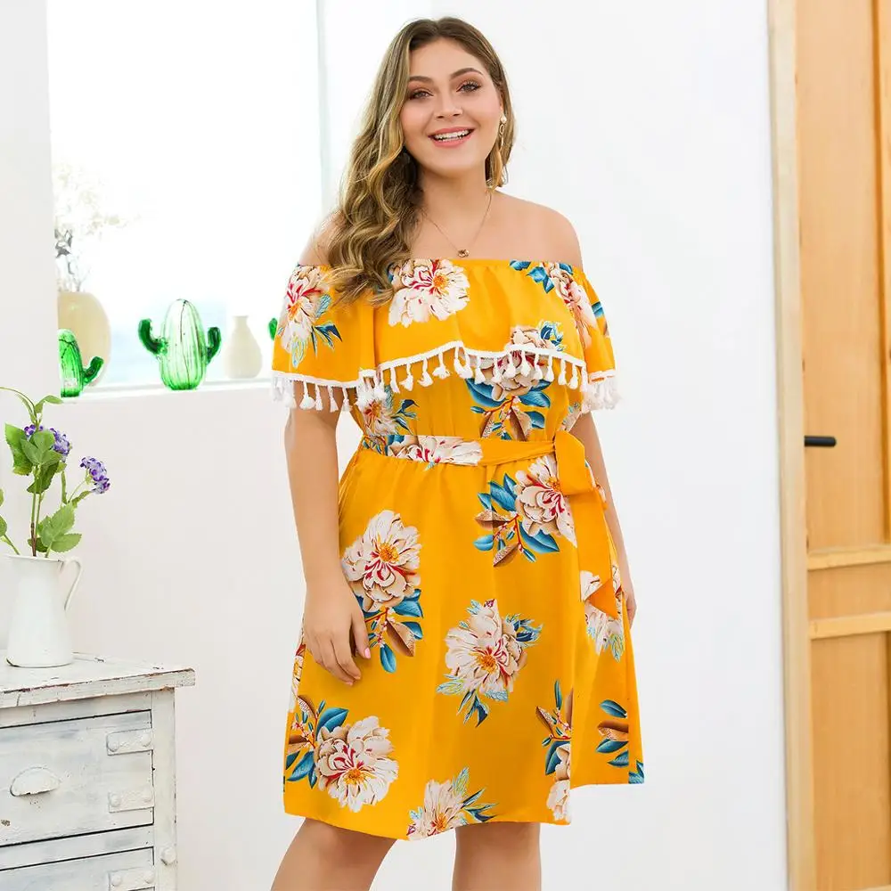 WHZHM летнее платье с кисточками и цветочным принтом женское вырезом лодочкой