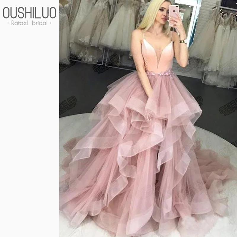 

Unique Pink Tulle Puffy A Line Quinceanera Dresses 2019 V Neck Appliques Spaghetti Strap Tiered Ruffles Prom Gown Customized