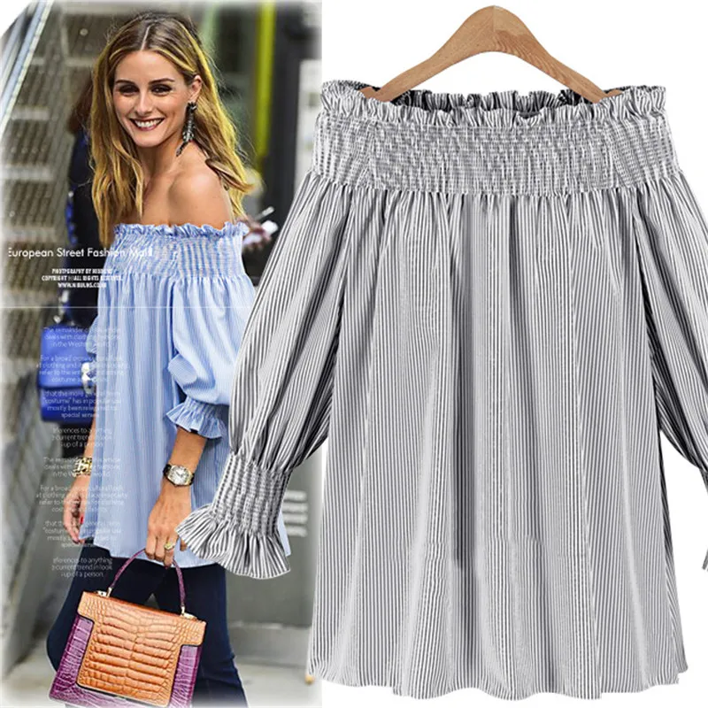 Женская блузка с воротником лодочкой в полоску расклешенным рукавом|party top|women shirts