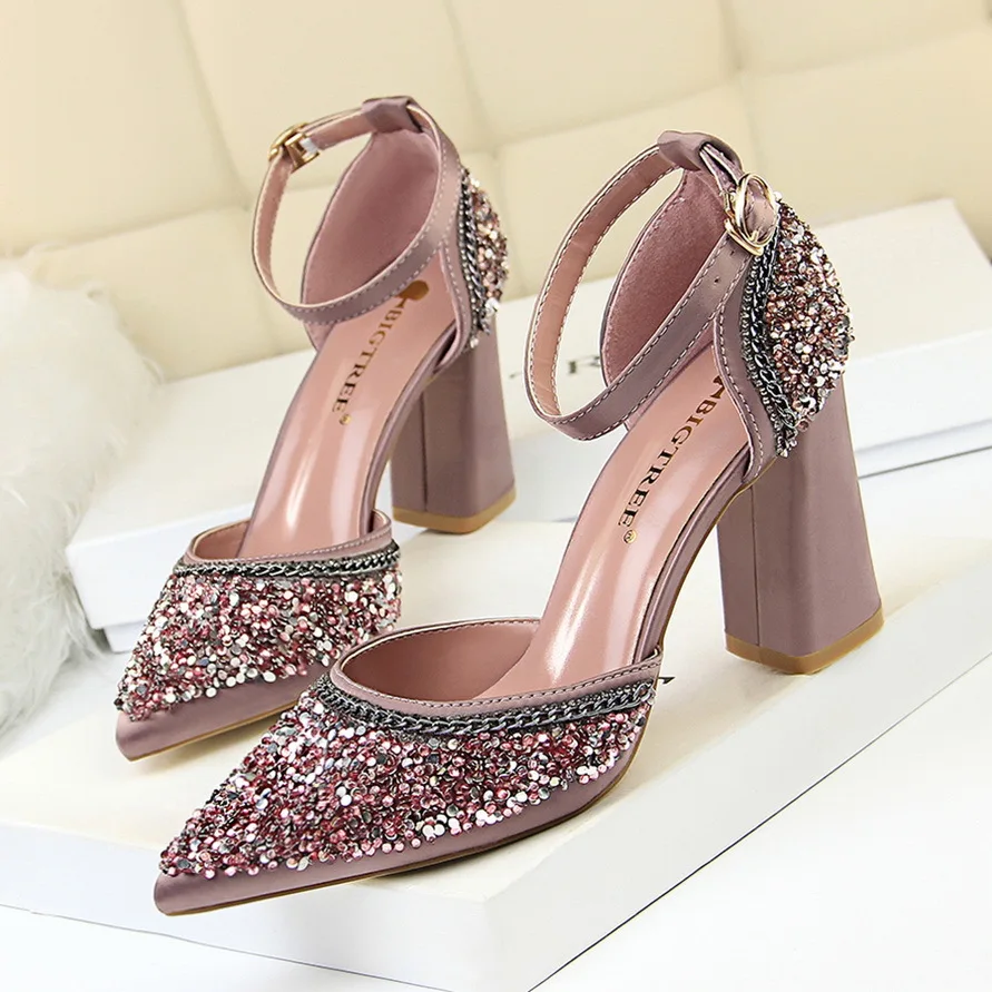 

women pumps classics pring autumn silk satin water drill metal chain hollowed-out high heels shallow-mouthed pointed sandals