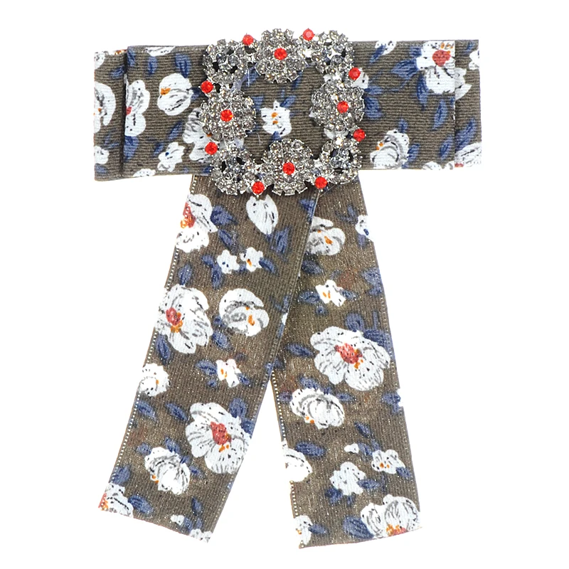 ZHINI Fashion Design Printed Floral Fabric Ribbon Bows Brooches High Quality Big Neckties Bow knot Pins Crystal Jewelry | Украшения и