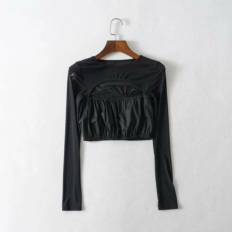

O-neck Women Sexy Front Hollow Out Solid Slim Long Sleeve Crop Top T-shirt Casual Women See Through Sexy Short Length Top Tee