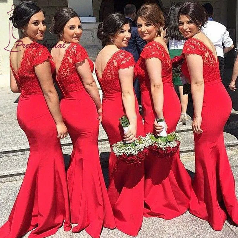 New Design Beautiful Custom Made Adult Red Color Floor-Length Short Sleeves Mermaid Bridesmaid Dresses | Свадьбы и торжества