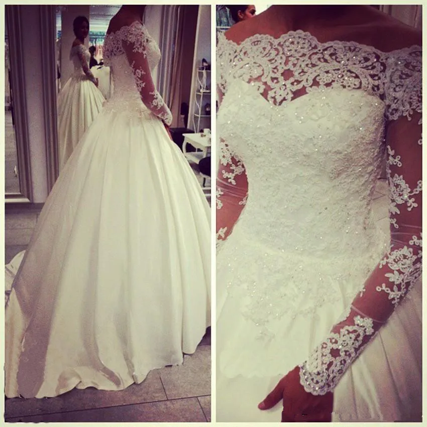 

A-line Sheer Neck Wedding Dresses Long Sleeves Appliques Beaded Satin Court Train Bridal Dresses Custom Made Wedding Gowns