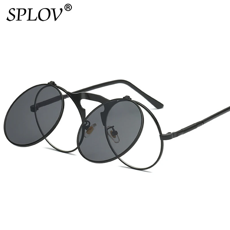 C08BlackBlack SPLOV, Ретро стиль, стимпанк, флип-ап, мужские солнцезащитные очки, женские, Ретро стиль, круглая металлическая оправа, солнцезащитные очки, шарнир, дизайн, изогнутые очки, ноги, UV400 - Цвет линз: C08BlackBlack