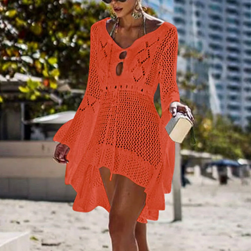 orange Sfit, женское вязаное платье-накидка, Пляжная туника, длинное парео, бикини, накидка, купальный костюм, пляжная одежда, летний Халат - Цвет: orange