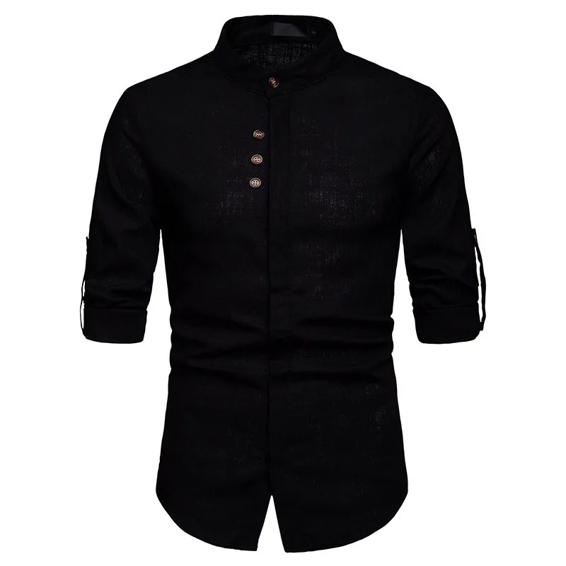 Мужская Повседневная рубашка с воротником Мандарин черная приталенная из хлопка