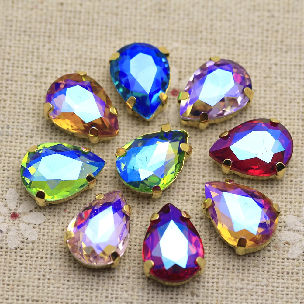 Mix AB color Waterdrop shape sew on Rhinestone with Gold base Rhineestone applique holes Flatback crystal strass DIY cloth | Дом и сад