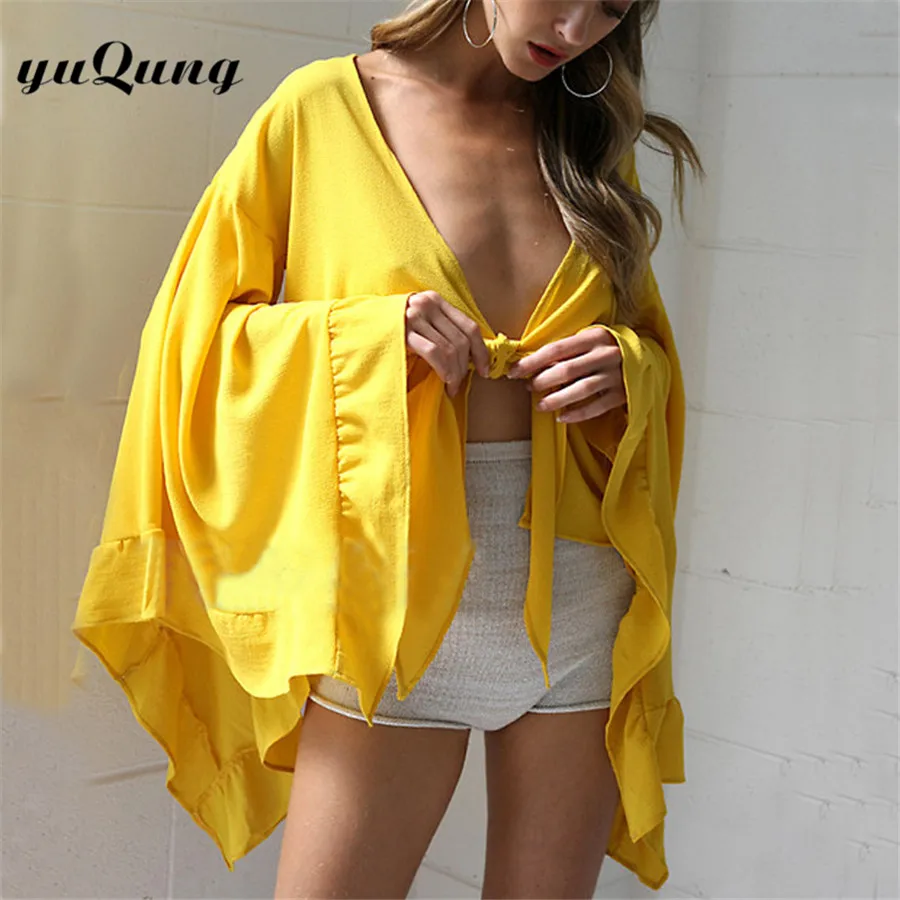 Yuqung пикантные женские рукав фонарик блузка Осень V шеи Lace-Up шифон укороченные