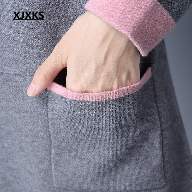 XJXKS осень и зима 2021 Новая мода женские длинные свитера пуловеры M-XXL карманы свитер