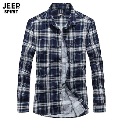 JEEP SPIRIT весна осень клетчатая рубашка мужская с длинным рукавом с отложным воротником хлопок дышащие мужские рубашки размера плюс 4XL Топ рубашка - Цвет: Dark Blue