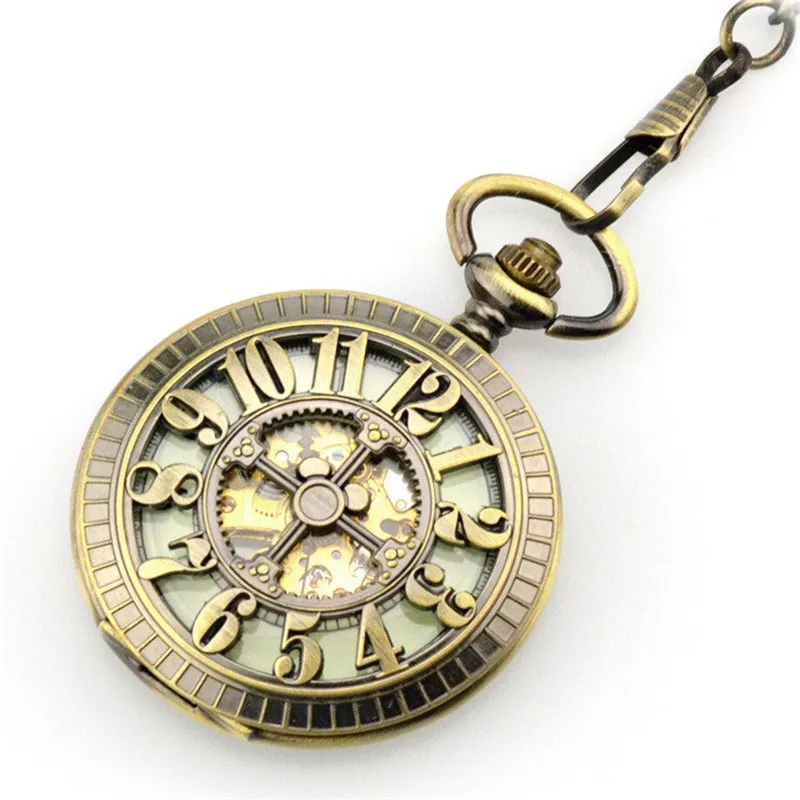 

Skeleton Bronze Hollow Automatic Mechanical Pocket Watch Men Vintage Hand Wind Clock Big Number Necklace Pocket & Fob Watch Gift