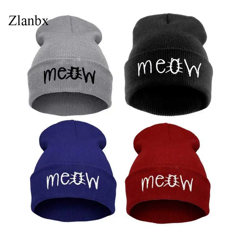 2018 человек теплый зимняя шапка вышивка мяу шапки для женщин шапочки хип хоп капот