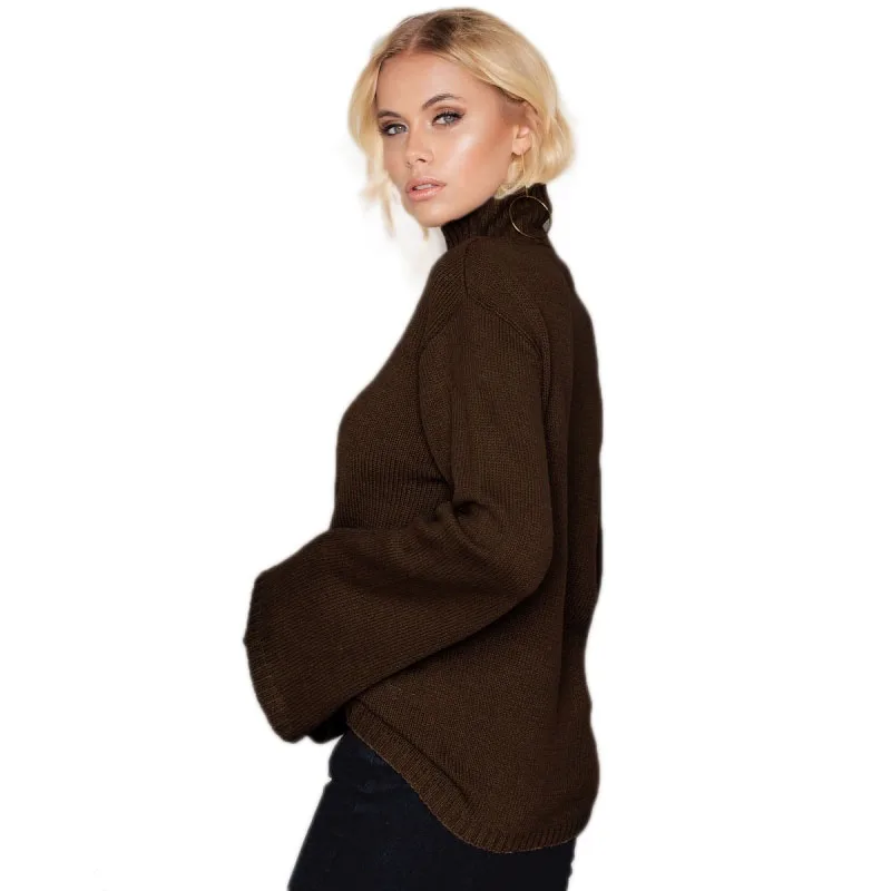 HDY Haoduoyi 2017 Cauaul Sweater Women Fashion Turtleneck Flare Sleeve Solid Coffee Lady Pullovers Brief Female Autumn Sweaters | Женская