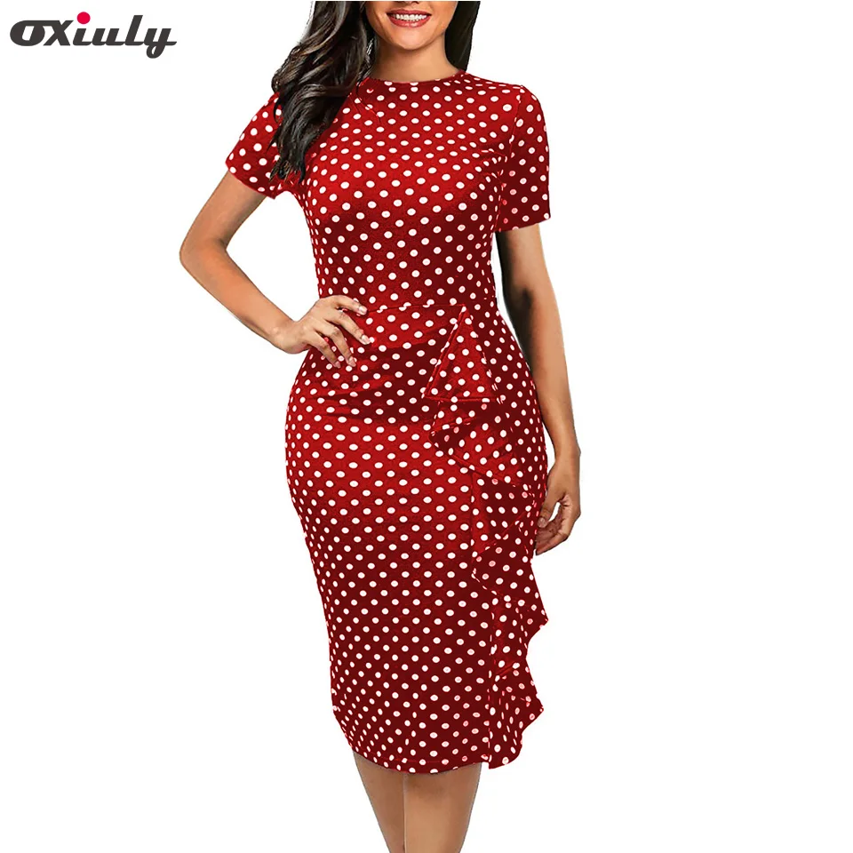 Платье карандаш в горошек с коротким рукавом и круглым вырезом|wear to work|pencil dresspolka