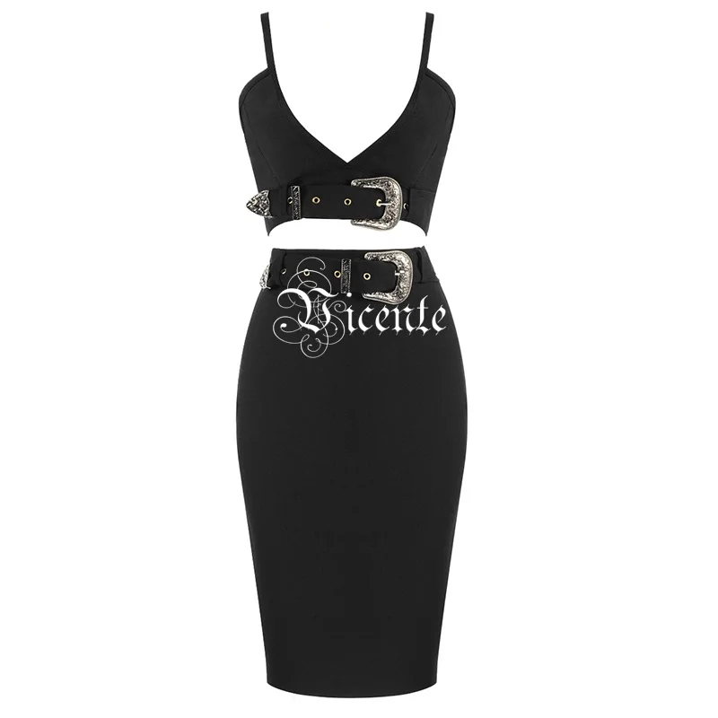 VC All Free Shipping Hot New Trendy Two Pieces Set Sashes Design Sexy Spaghetti Strap Celebrity Party Skirt Suit - Цвет: Черный