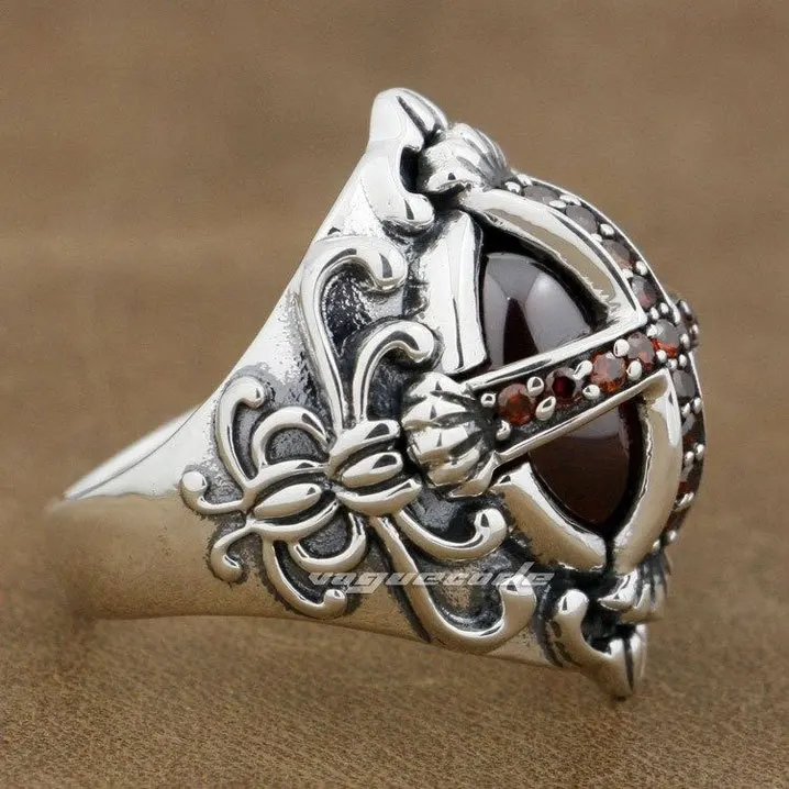 Мужское кольцо с крупным темно красным фианитом из серебра 925 пробы|gothic cross ring|stone