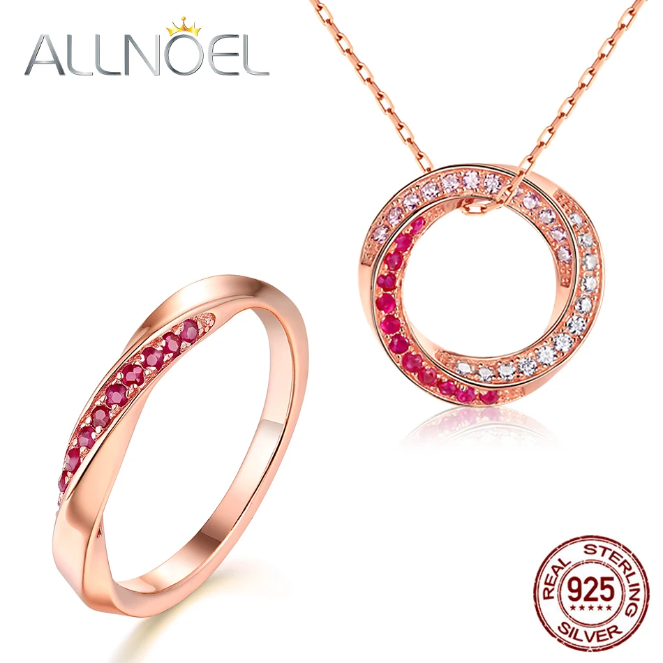 ALLNOEL S925 из стерлингового серебра, рубиновое ювелирное изделие, набор для женщин, роскошное розовое золото, Круглый кольцевой вихрь, длинное ожерелье, хорошее ювелирное изделие