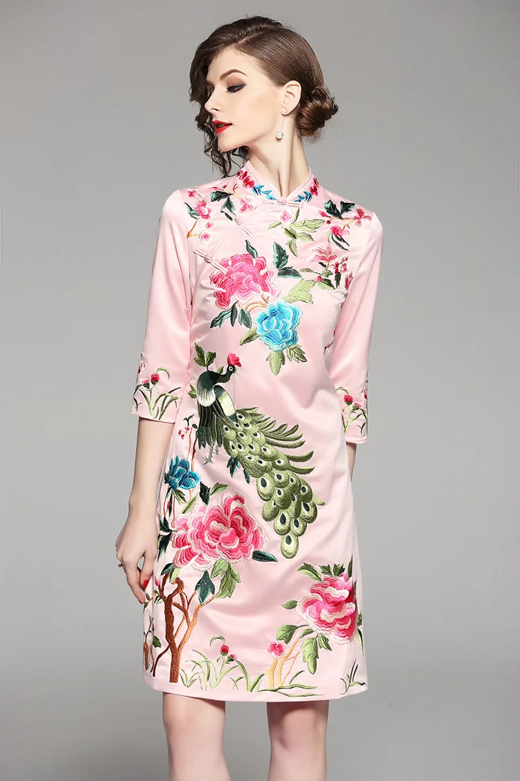 Элегантное женское платье Cheongsam с цветочной вышивкой, весеннее приталенное женское платье высокого качества с воротником-стойкой в китайском стиле