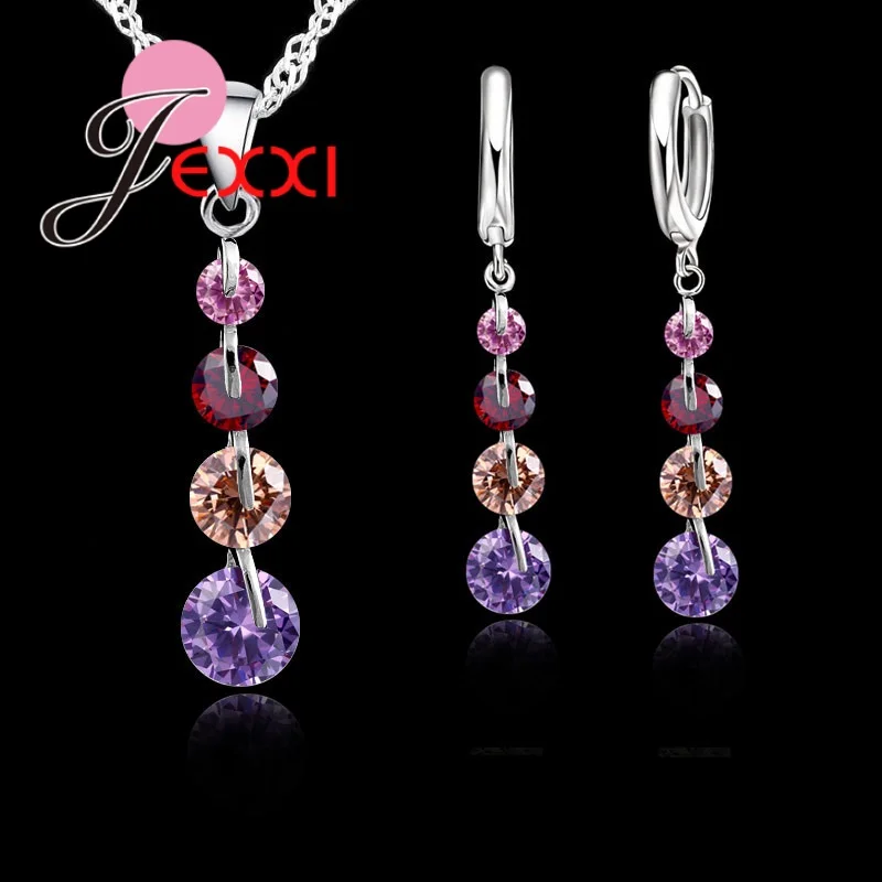 

New Romantic Real 925 Sterling Silver Shiny Drop Crystals Chain Crystal Pendant Jewelry Set For Women Wedding Jewelry Set