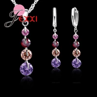 new romantic real 925 sterling silver shiny drop crystals chain crystal pendant jewelry set for women wedding jewelry set