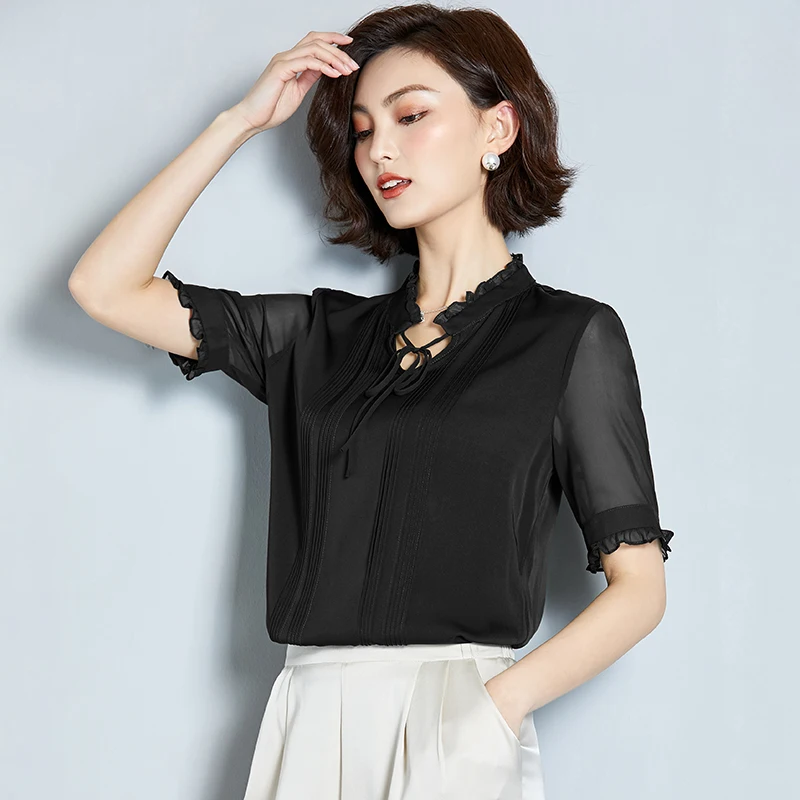 Black AYUNSUE, летняя мода, натуральный шелк, Blusas Mujer De Moda,, элегантная повседневная женская блузка с v-образным вырезом, женский топ с коротким рукавом S19X258 - Цвет: Black