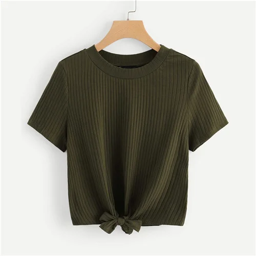 Army Green SweatyRocks неоновая цветная футболка с узлом спереди, стильная модная эластичная футболка, летняя повседневная женская желтая футболка и топы - Цвет: Army Green
