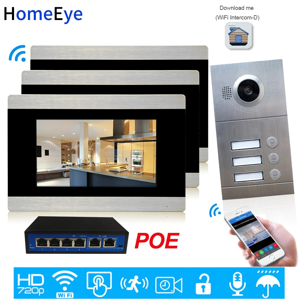 Система контроля допуска к двери 3 квартиры 720P 7 ''Wi Fi IP видео домофон умный POE