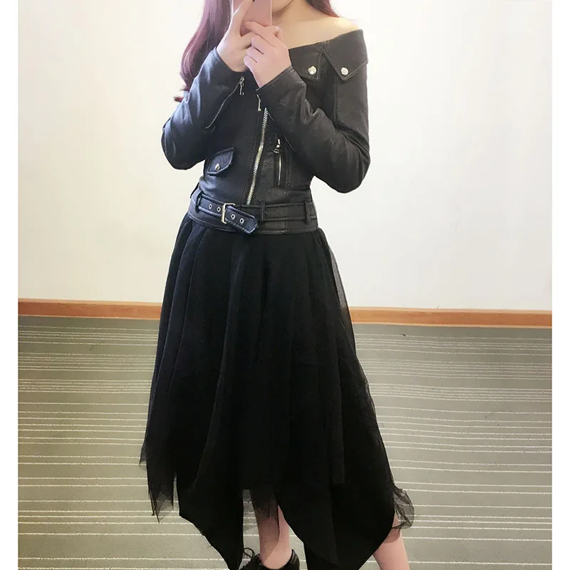 Женская кожаная куртка с открытыми плечами Элегантная черная мотоциклетная