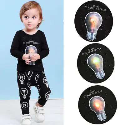 Комплект одежды для маленьких мальчиков с принтом LED Ligth up Футболка Bulb + штаны