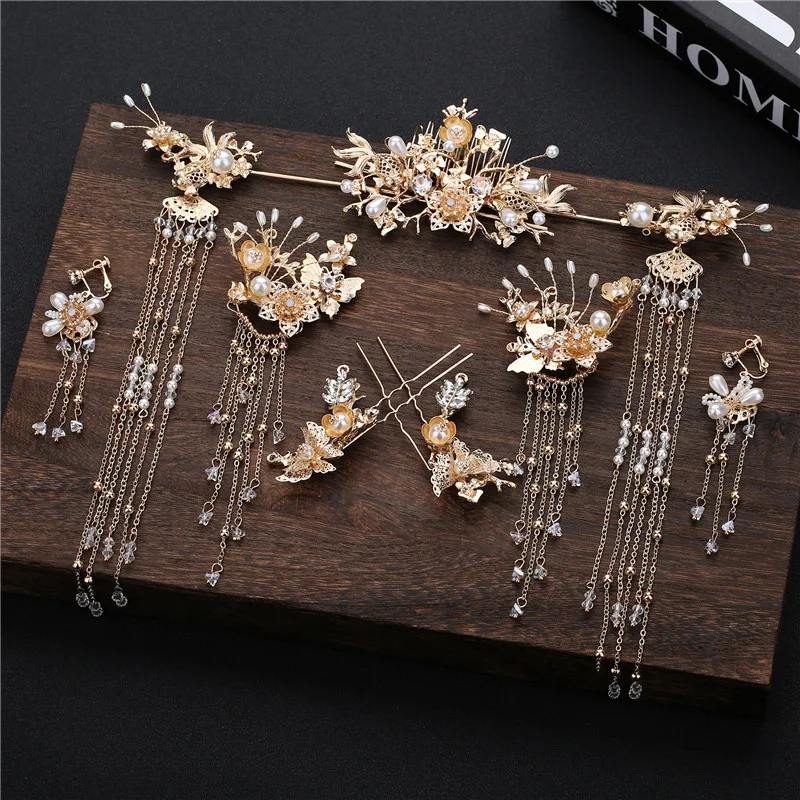 HIMSTORY роскошный винтажный Китайский Свадебный костюм для волос Золотая шпилька